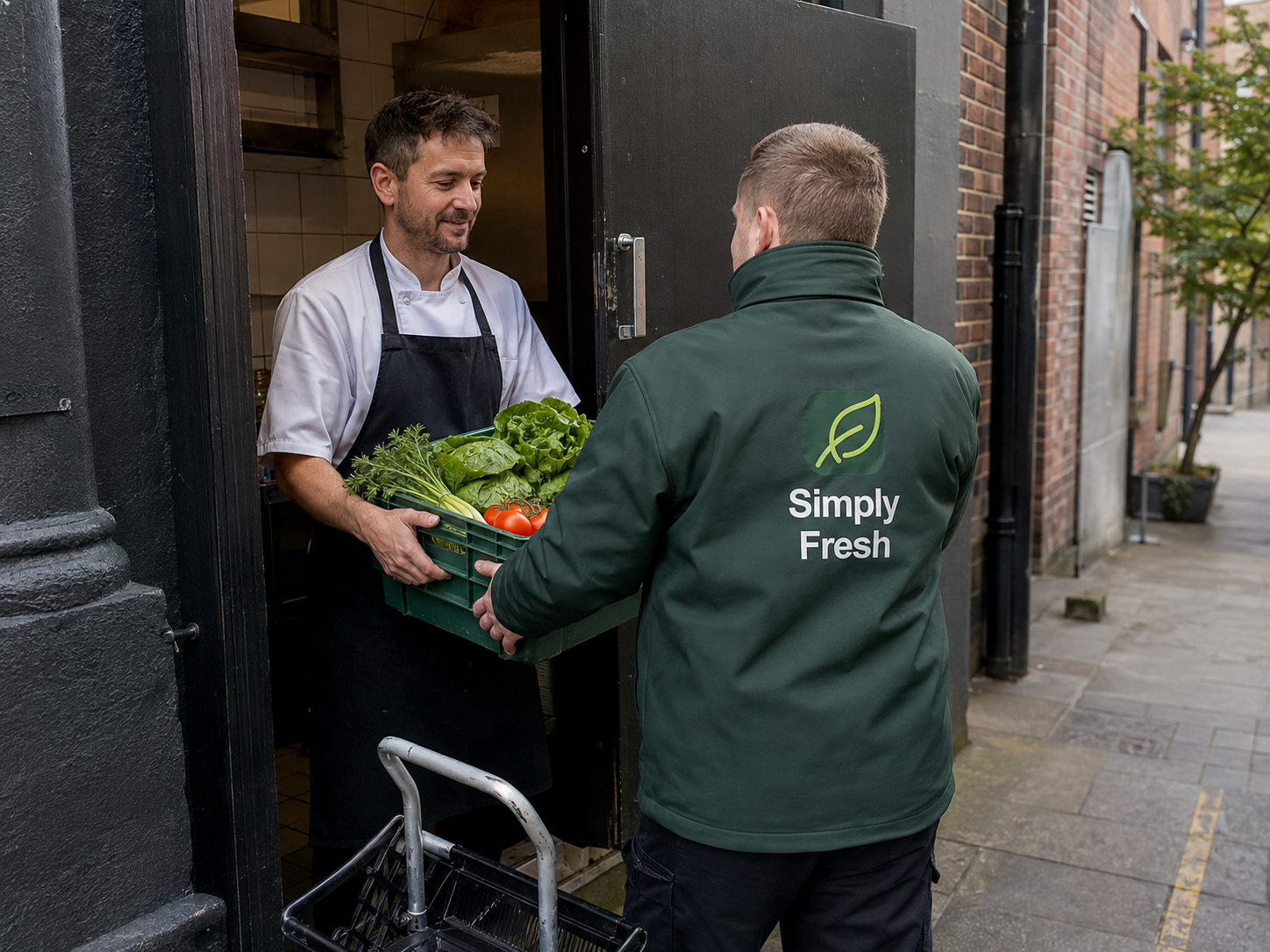 A Simply Fresh driver handing a crate of fresh produce to a chef at a kitchen door