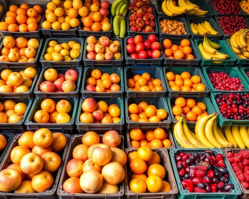 Trays of apples, oranges, bananas and berries on a wholesale market stand