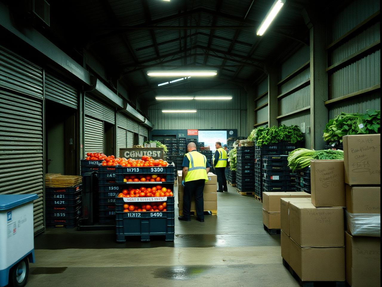New Smithfield Market produce hall in the early morning, crates stacked under industrial lighting